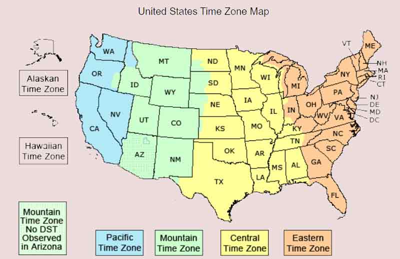 Time Zone Map of the USA to easily navigate and understand the geographical distribution of time zones across the country.